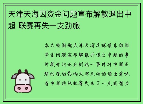 天津天海因资金问题宣布解散退出中超 联赛再失一支劲旅 天津天海因资金问题宣布解散退出中超 联赛再失一支劲旅