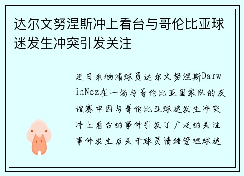 达尔文努涅斯冲上看台与哥伦比亚球迷发生冲突引发关注 达尔文努涅斯冲上看台与哥伦比亚球迷发生冲突引发关注